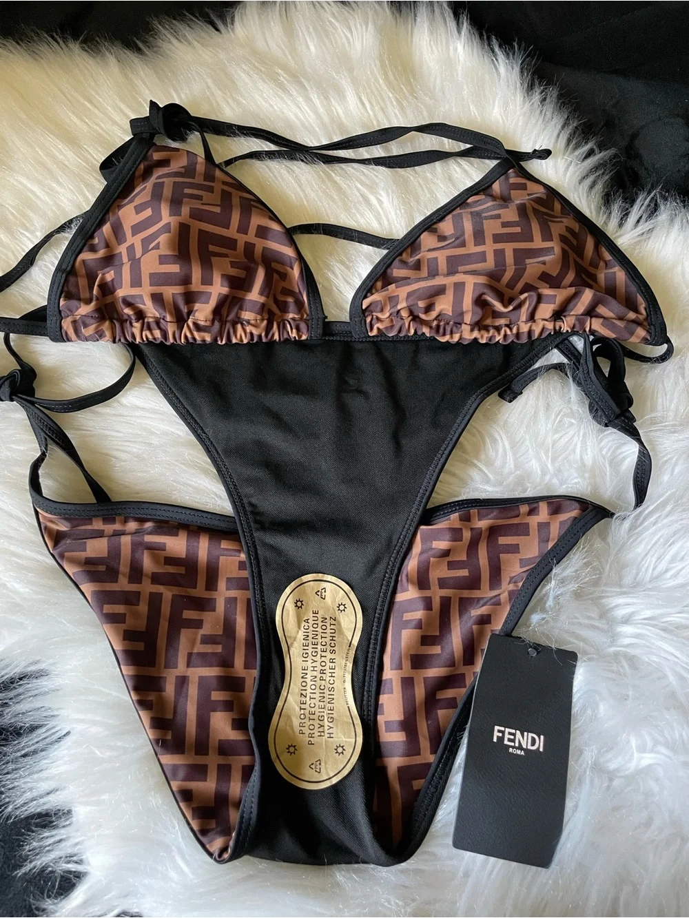 Fendi Brown FF Logo Triangle Bikini with Black Trim